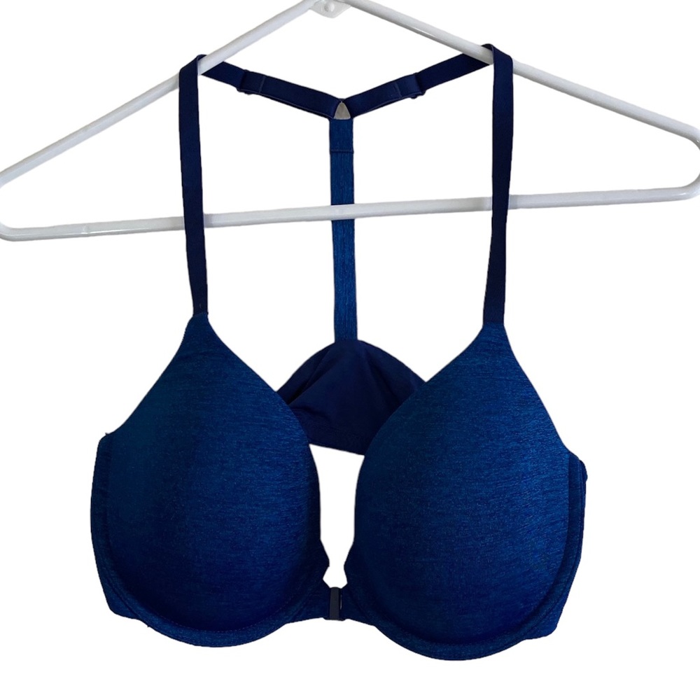 Victorias Secret Womens Bra 34D Racerback Semi Demi Blue Front Hook Padded